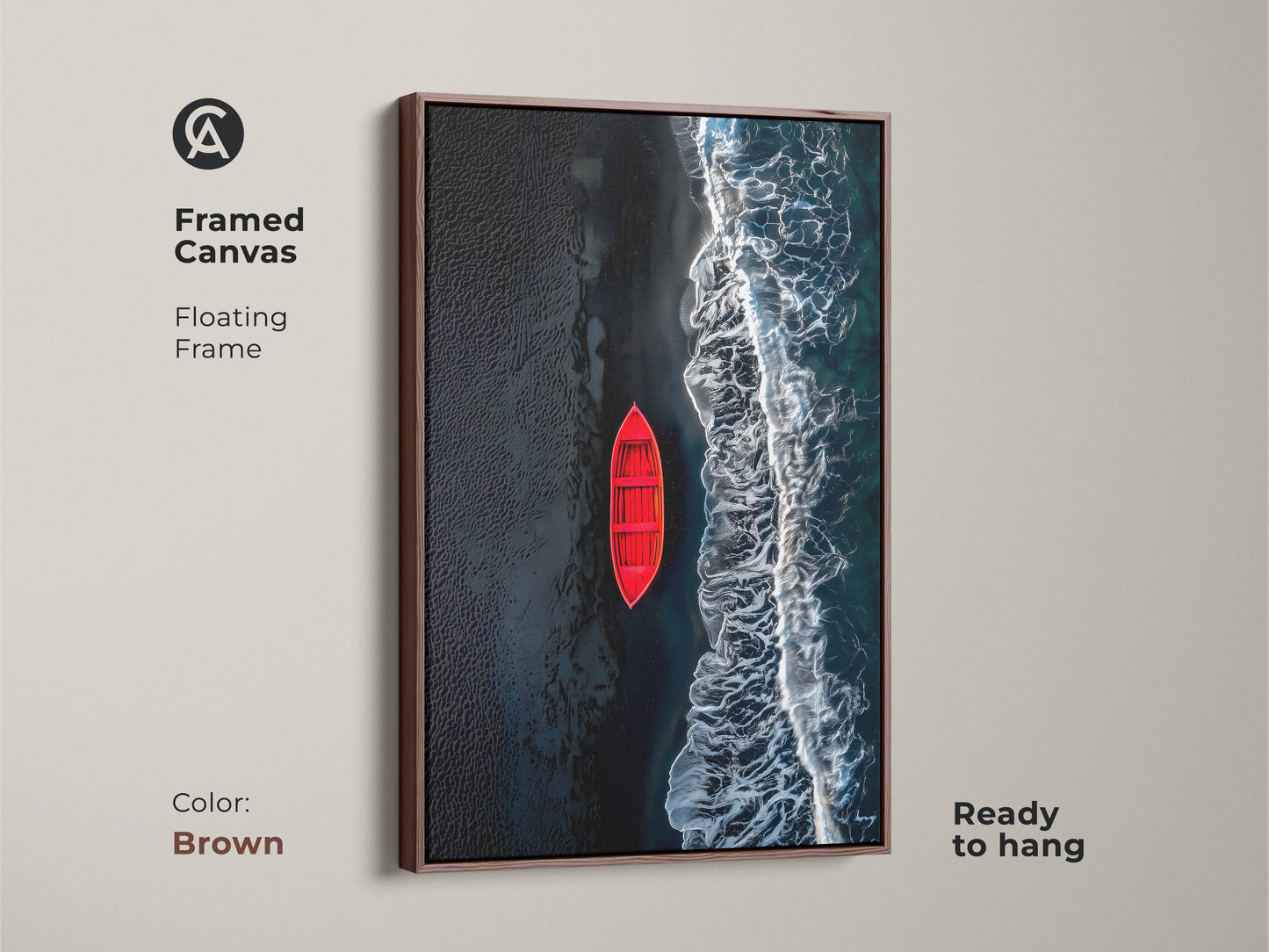 Framed canvas art featuring a red boat on a beach with black sand. The artwork has a rich brown floating frame. This canvas is ready to hang and will elevate any room's decor. A perfect addition to your art collection.