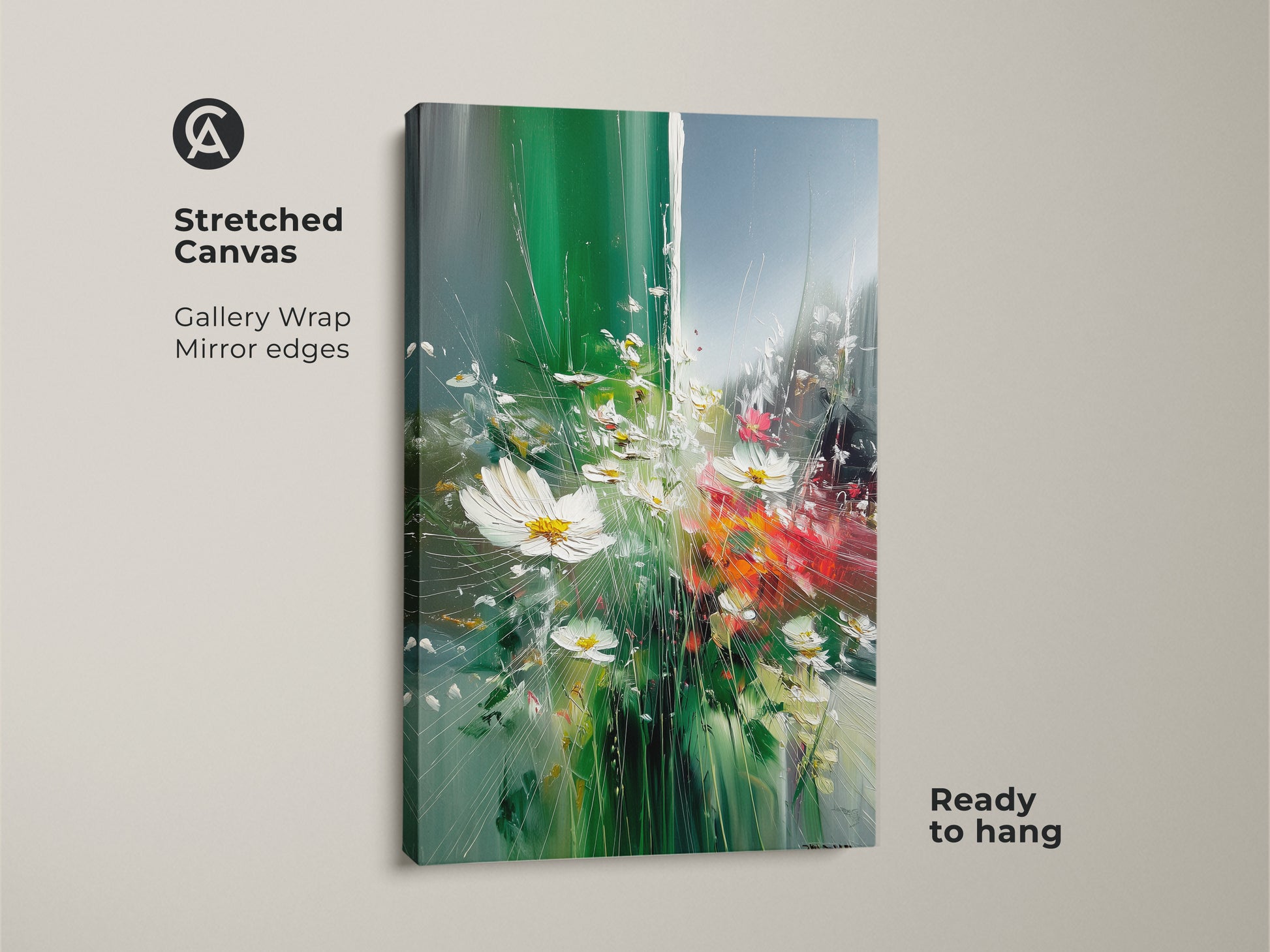 Stretched canvas print showcasing an impressionistic daisy artwork. The gallery wrap with mirror edges enhances the vivid green wall art. Ready to hang botanical art perfect as eclectic home decor. This teal and white floral artwork brings nature indoors.