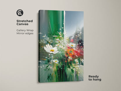 Stretched canvas print showcasing an impressionistic daisy artwork. The gallery wrap with mirror edges enhances the vivid green wall art. Ready to hang botanical art perfect as eclectic home decor. This teal and white floral artwork brings nature indoors.