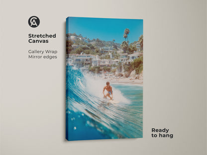 A stunning stretched canvas print featuring a surfer riding a wave. The gallery wrap and mirror edges enhance the visual appeal. Ready to hang this artwork adds a touch of coastal charm to any room. It's a perfect piece for ocean lovers.