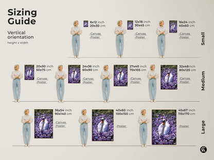 Sizing guide showing models posing with the Botanical Swan artwork. Sizes range from small to large. Options include canvas and poster prints. The art features purple and green flowers with a white swan.