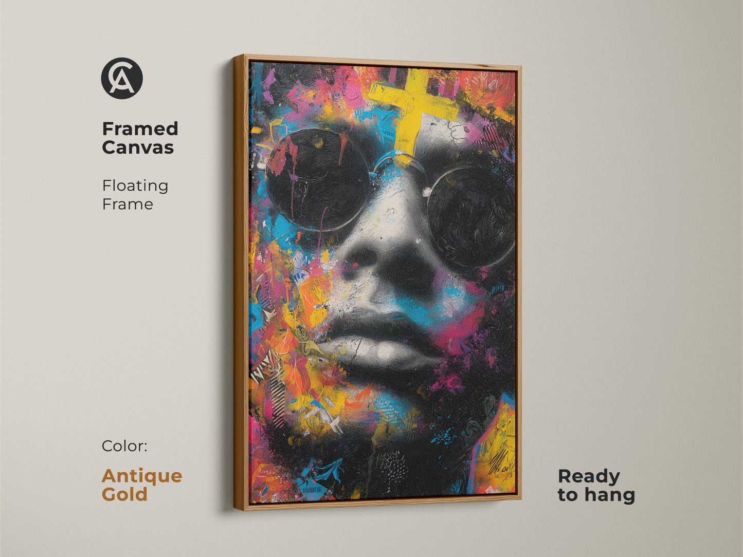 Framed canvas art with a floating frame. The artwork features a face with sunglasses and vibrant colors. The antique gold frame adds elegance to the art. Ready to hang this art makes a statement.