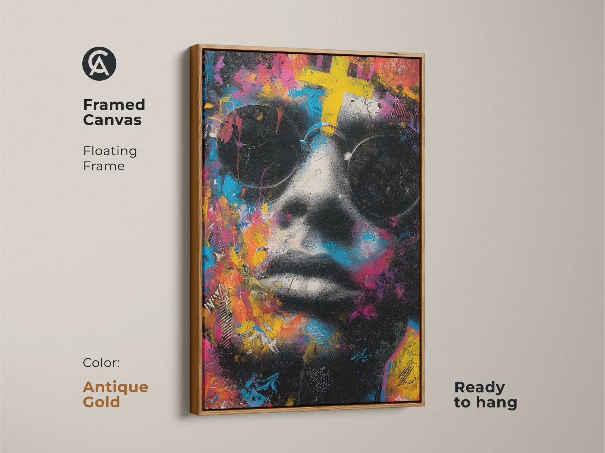 Framed canvas art with a floating frame. The artwork features a face with sunglasses and vibrant colors. The antique gold frame adds elegance to the art. Ready to hang this art makes a statement.