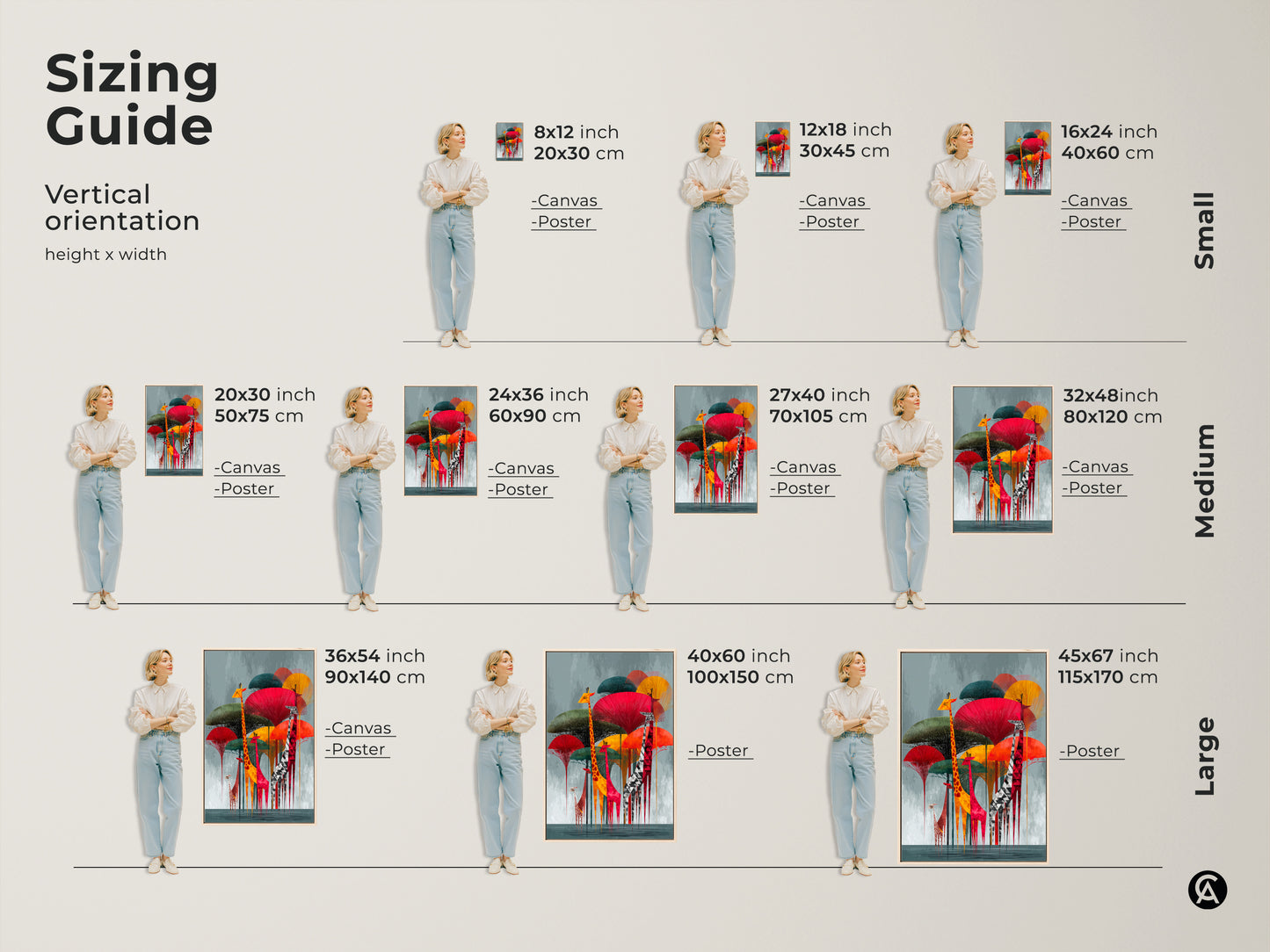 Sizing guide for the vertical Geometric Giraffe canvas and poster prints. Find the perfect fit for your space. The abstract animal print adds a modern folk art touch. Sizes range from small to large for any eclectic home decor. The red yellow and teal artwork brings a unique energy.