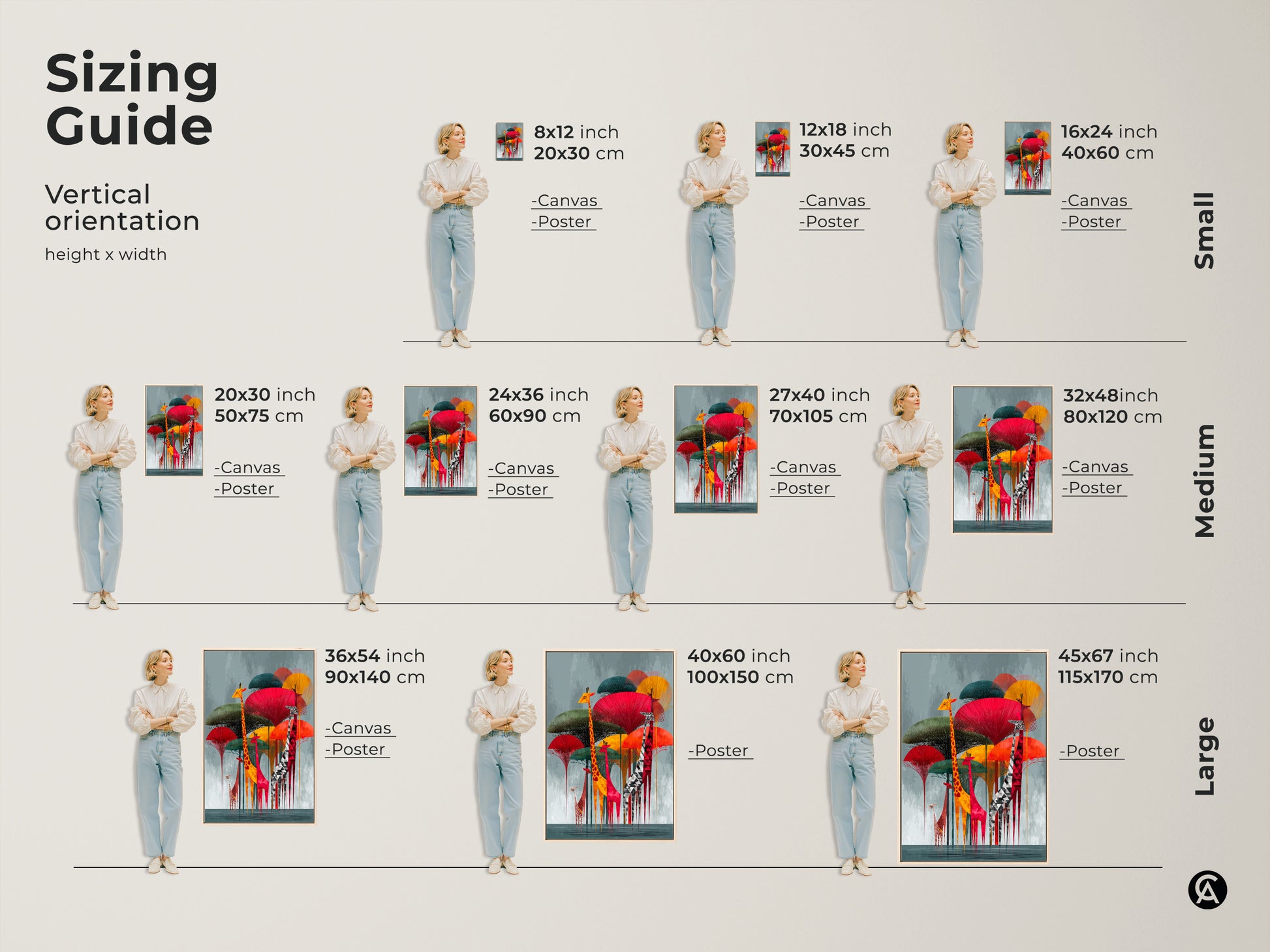 Sizing guide for the vertical Geometric Giraffe canvas and poster prints. Find the perfect fit for your space. The abstract animal print adds a modern folk art touch. Sizes range from small to large for any eclectic home decor. The red yellow and teal artwork brings a unique energy.