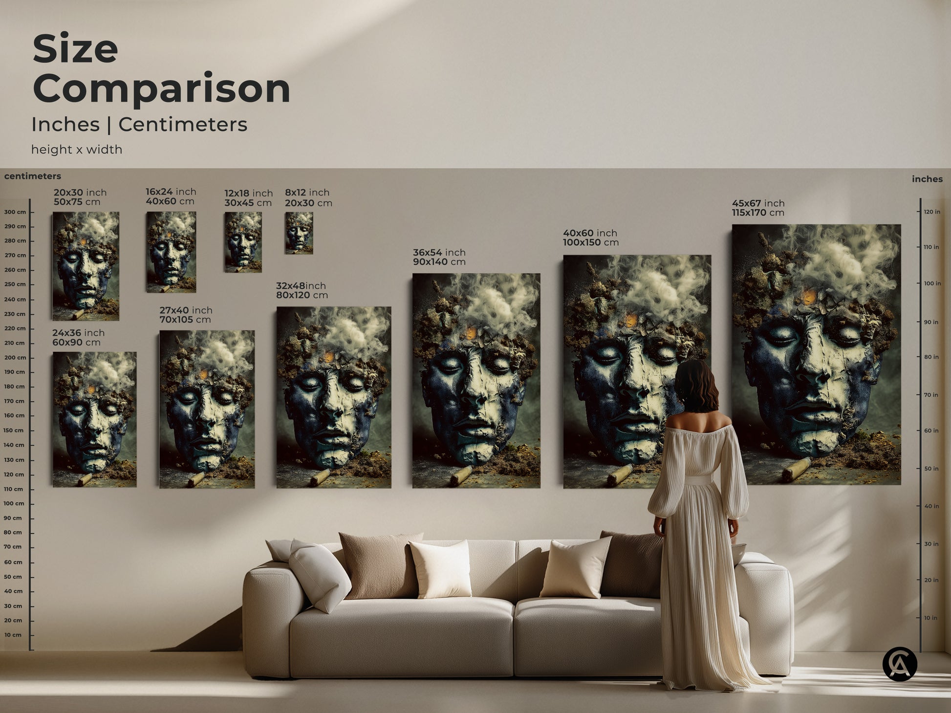 Size comparison of surreal face art on a sofa. Various sizes are shown to help you choose. This deep blue charcoal wall decor will enhance any eclectic home. Perfect birthday gift for collector.