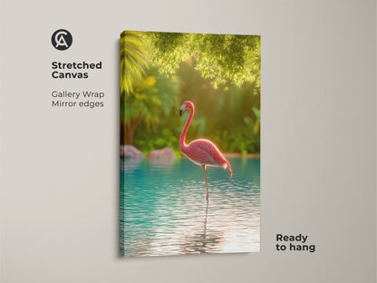 Stretched canvas of a pink flamingo in turquoise water. Gallery wrap with mirror edges adds a refined touch. The artwork is ready to hang. It will bring a tropical paradise feel to your living space. This exotic bird nature art enhances any room.
