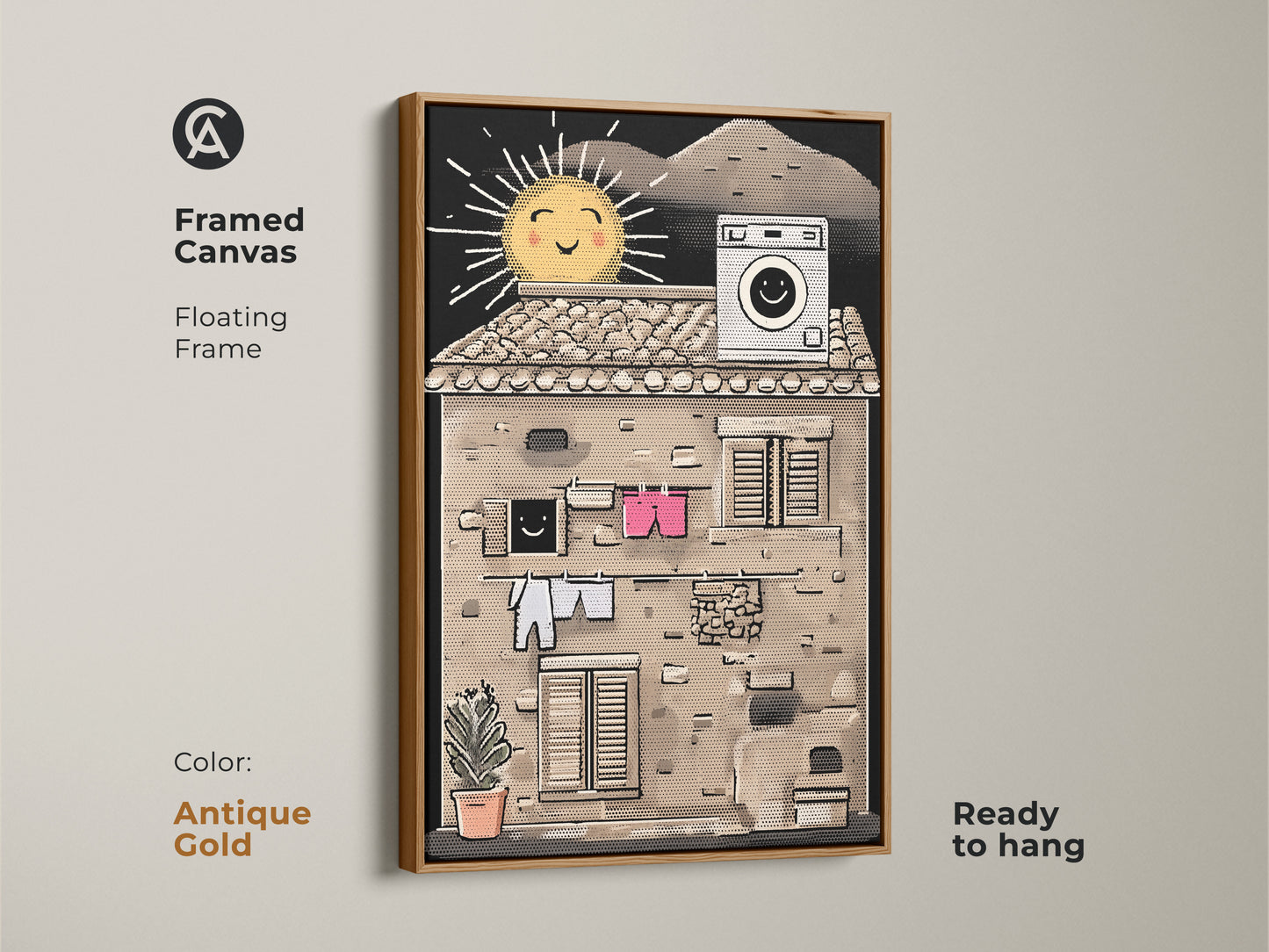 Framed canvas with a happy sun wall art. Antique gold floating frame adds elegance to this cheerful sun art. Perfect as apartment wall art. This unique home decor print brings mid century modern art vibes.