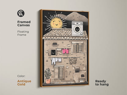 Framed canvas with a happy sun wall art. Antique gold floating frame adds elegance to this cheerful sun art. Perfect as apartment wall art. This unique home decor print brings mid century modern art vibes.