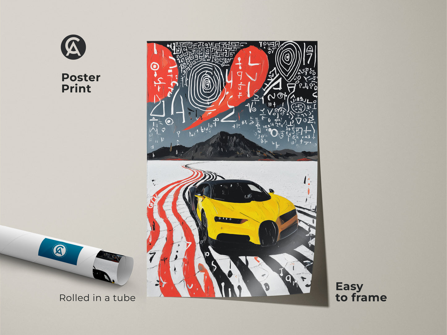 This yellow sports car poster print features museum quality paper. Easy to frame contemporary art. Ideal abstract road trip wall decor for the modern office. Surprise a car enthusiast with this unique gift artwork. Red and white details on a abstract background.