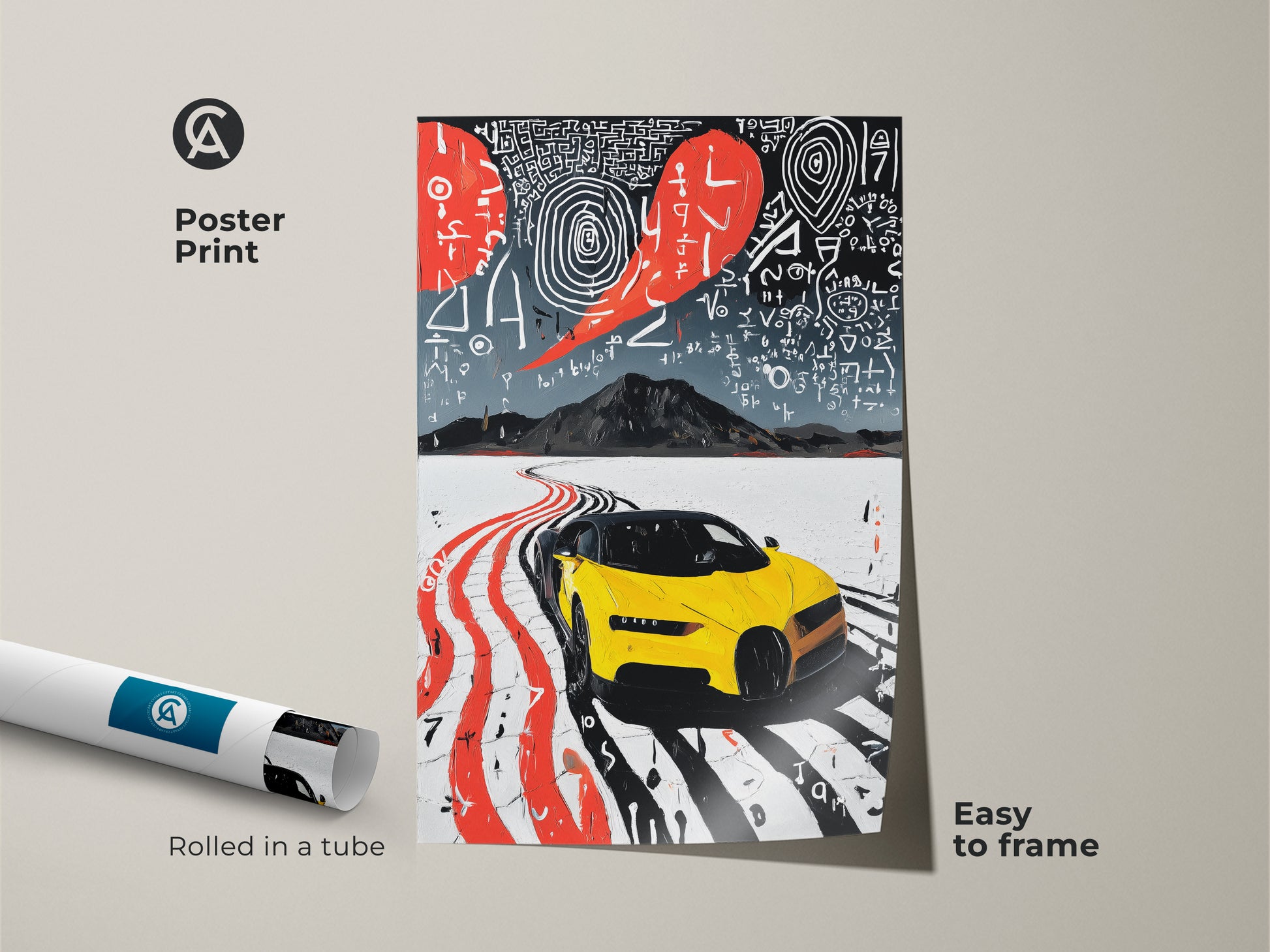 This yellow sports car poster print features museum quality paper. Easy to frame contemporary art. Ideal abstract road trip wall decor for the modern office. Surprise a car enthusiast with this unique gift artwork. Red and white details on a abstract background.