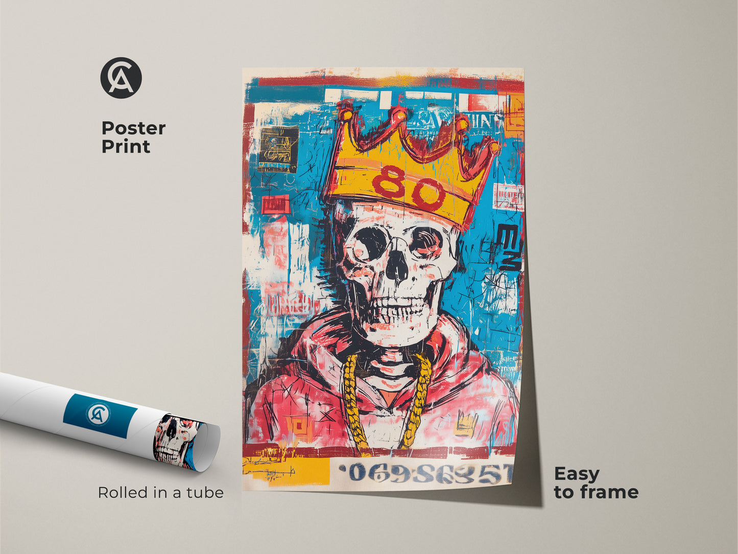 Poster print of a skull with a gold crown and gold chain. The modern art print is rolled in a tube for easy framing. This poster is easy to frame. It is the perfect art for any room in your home.