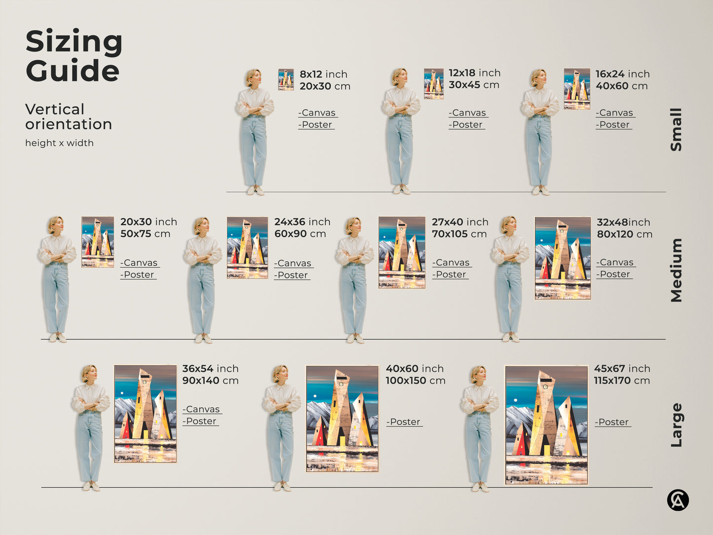 Sizing guide for geometric building art print. Visual representation of canvas and poster sizes from small to large with a person for scale. Find the perfect abstract landscape for your space.