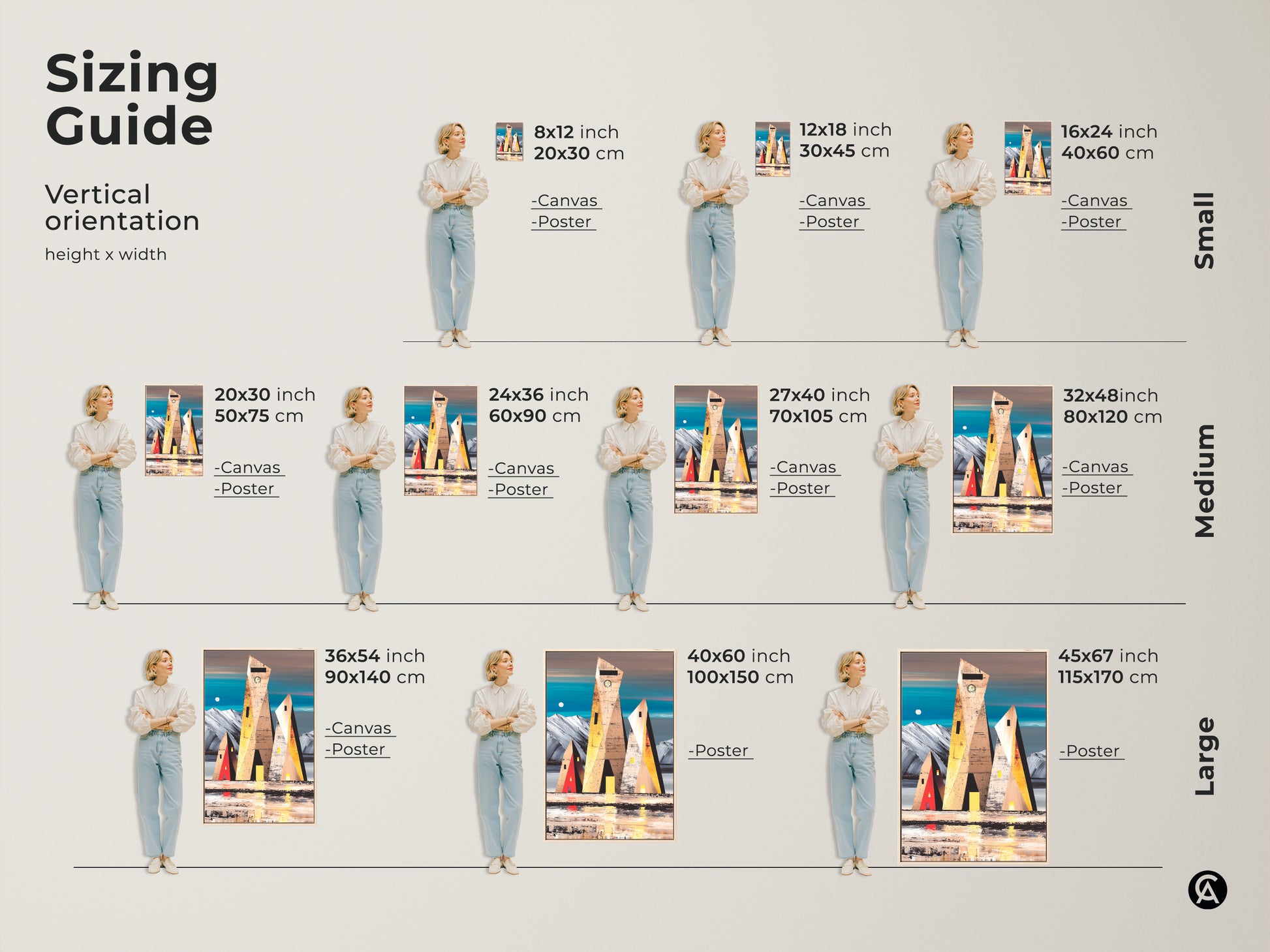 Sizing guide for geometric building art print. Visual representation of canvas and poster sizes from small to large with a person for scale. Find the perfect abstract landscape for your space.