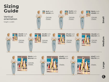 Sizing guide for geometric building art print. Visual representation of canvas and poster sizes from small to large with a person for scale. Find the perfect abstract landscape for your space.