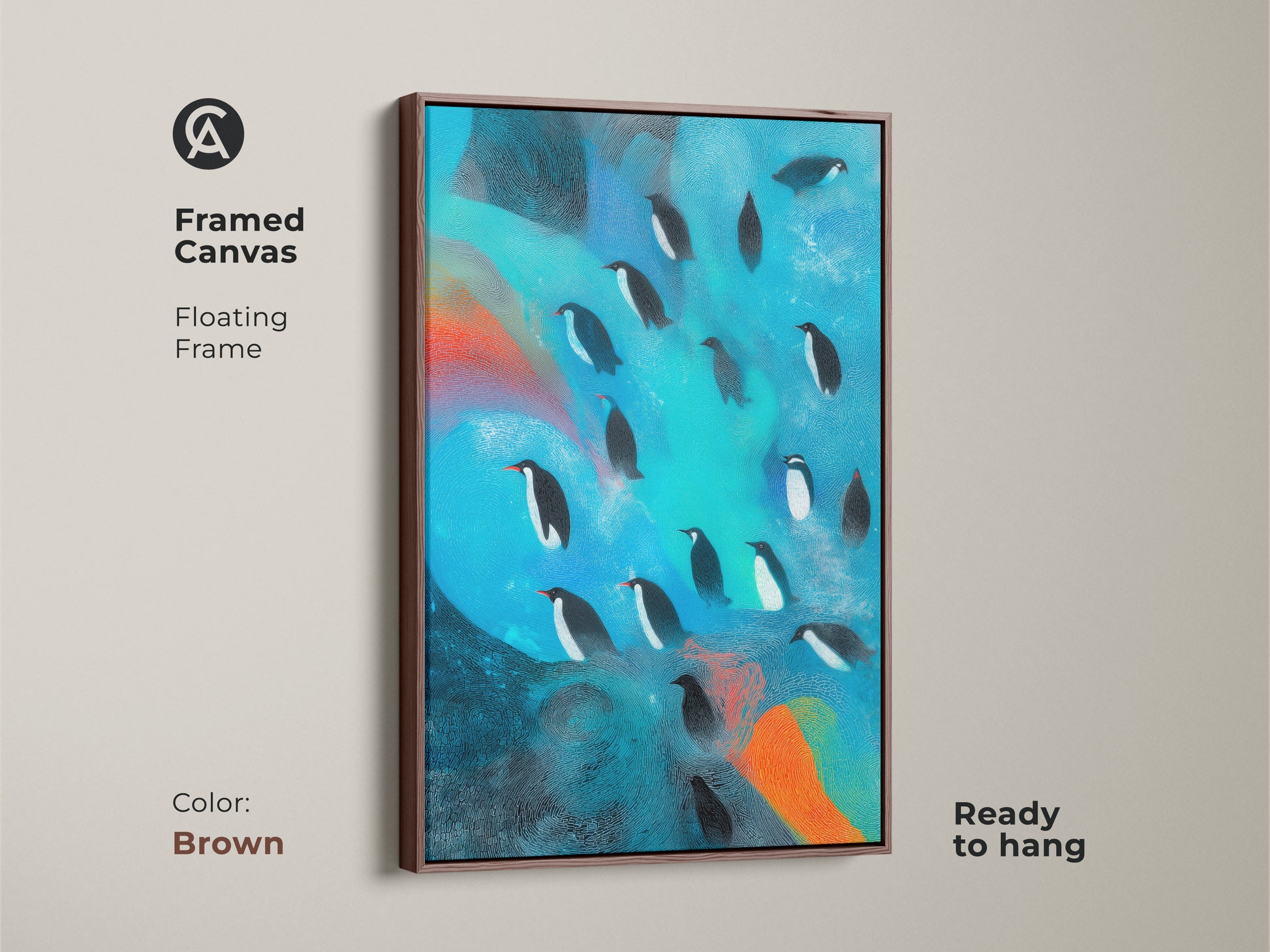 Framed canvas showcasing abstract penguin artwork. The floating frame is brown. The contemporary teal and orange artwork enhances any room. This animal themed piece is ready to hang. Ideal for eclectic decor.