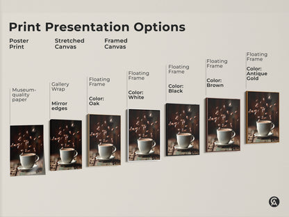 This image displays print presentation options. It showcases poster prints stretched canvases and framed canvases. Each features minimalist coffee cup art with falling beans. Options include gallery wrap mirror edges and floating frames in oak white black brown and antique gold.