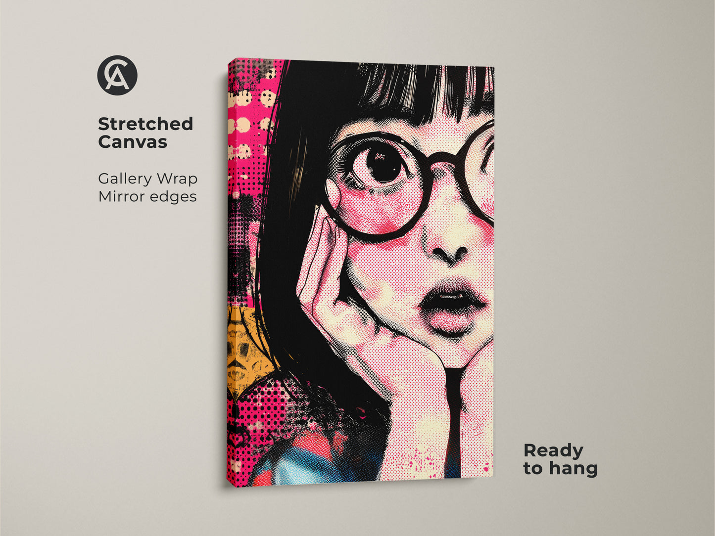 Stretched canvas showcasing anime girl portrait art. This gallery-wrapped retro pop art canvas has mirror edges and is ready to hang. The hot pink and yellow wall art makes a great eclectic bedroom decor piece. It's a unique anime fan gift idea. This graphic art print will make a bold statement.