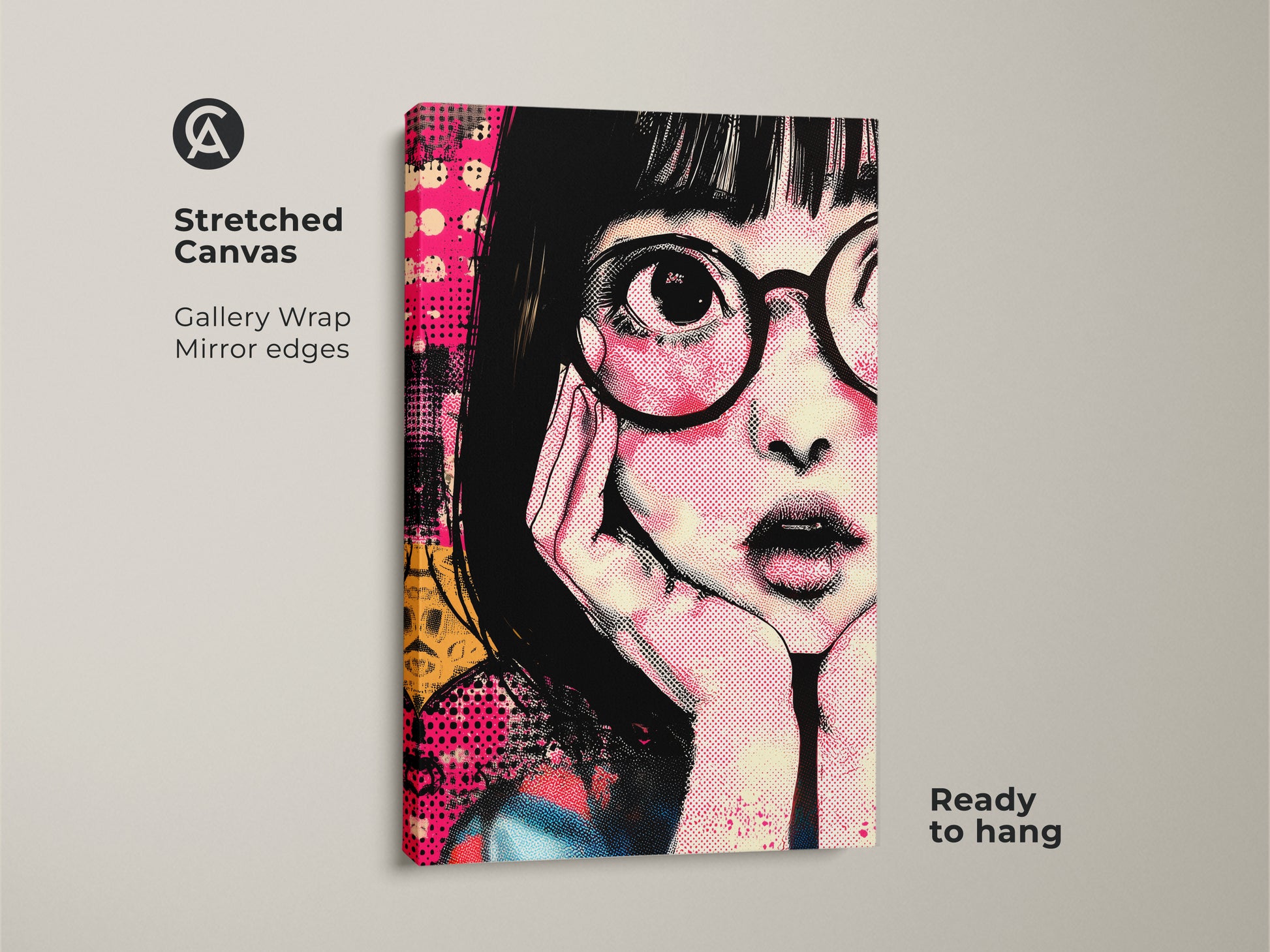 Stretched canvas showcasing anime girl portrait art. This gallery-wrapped retro pop art canvas has mirror edges and is ready to hang. The hot pink and yellow wall art makes a great eclectic bedroom decor piece. It's a unique anime fan gift idea. This graphic art print will make a bold statement.