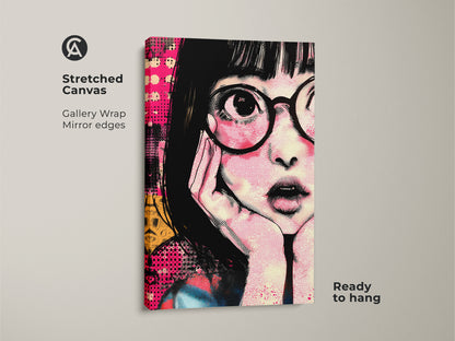 Stretched canvas showcasing anime girl portrait art. This gallery-wrapped retro pop art canvas has mirror edges and is ready to hang. The hot pink and yellow wall art makes a great eclectic bedroom decor piece. It's a unique anime fan gift idea. This graphic art print will make a bold statement.