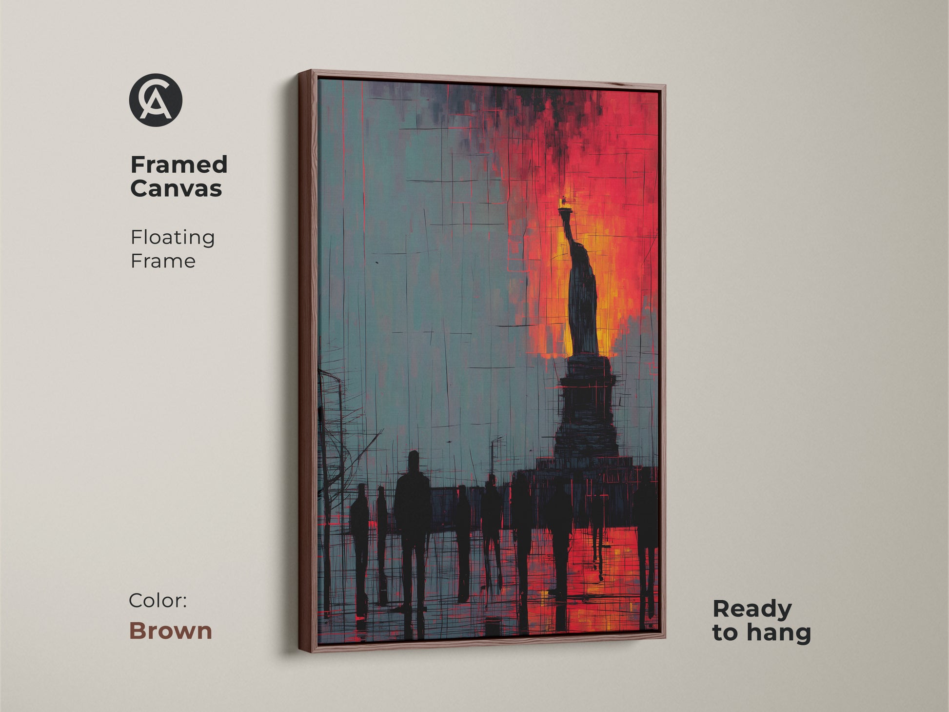 Framed canvas with a floating frame showcases Statue of Liberty artwork. The abstract cityscape print is in brown. Crimson and teal make a bold statement piece that's ready to hang.