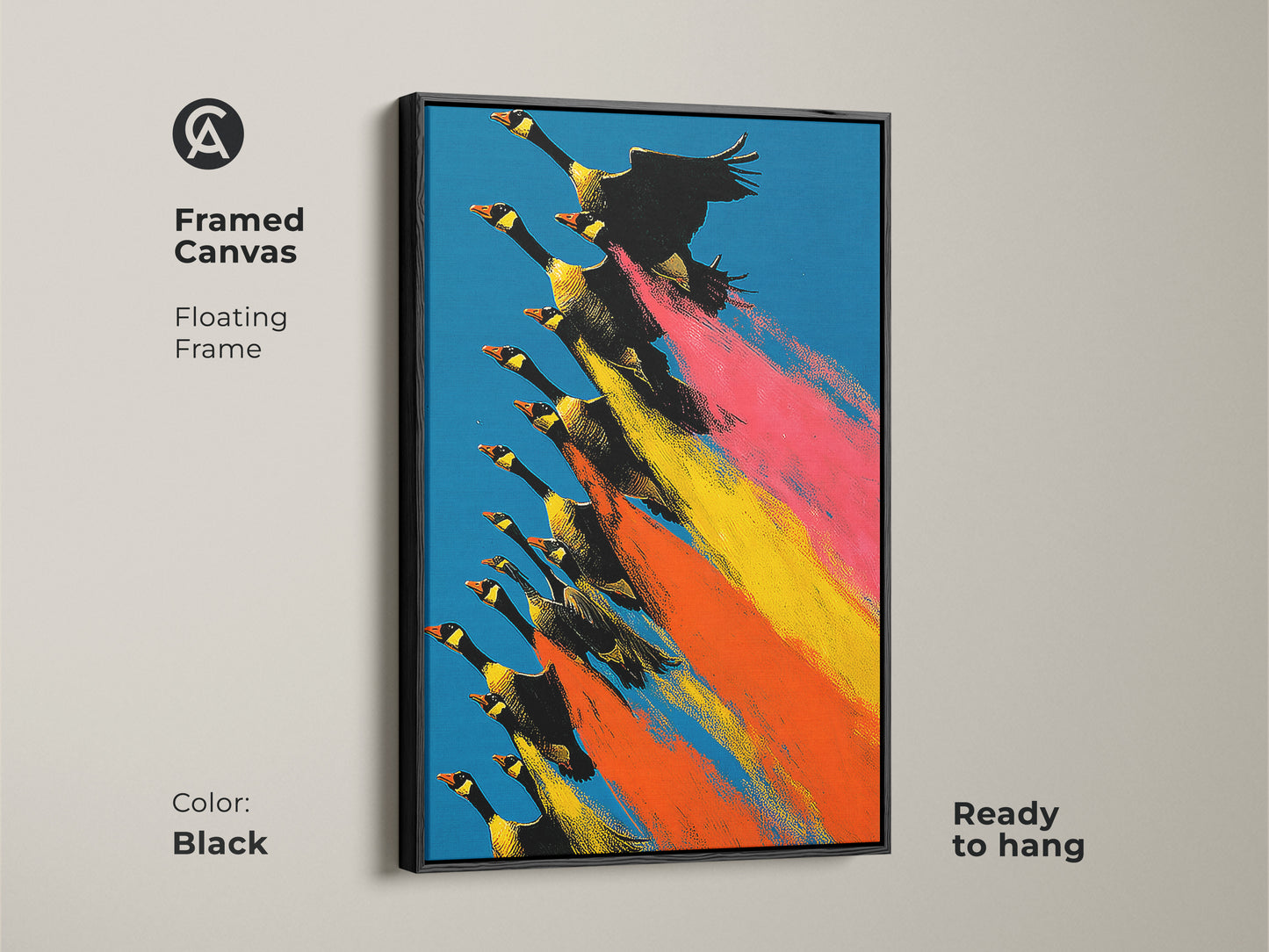 Framed canvas showcases geese flying wall art. This nature artwork features a black floating frame ready to hang. The colorful bird print blends a bright blue sky with yellow orange accents. Perfect for eclectic feather artwork decor.