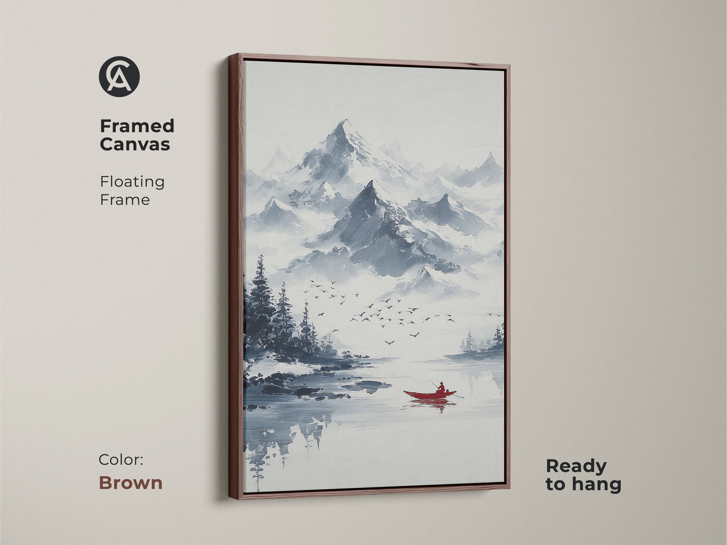 Framed canvas of ink wash mountain art. This minimalist boat canvas print features a floating brown frame. Ready to hang this blue gray landscape art enhances a living room. The serene lake artwork is ideal for minimalist homes.