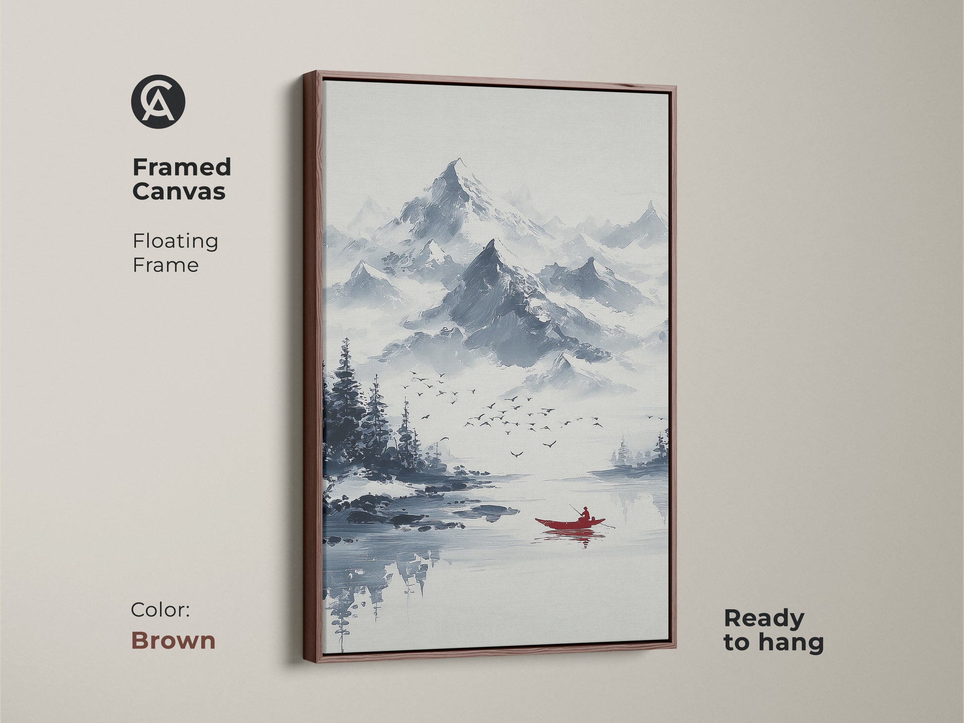 Framed canvas of ink wash mountain art. This minimalist boat canvas print features a floating brown frame. Ready to hang this blue gray landscape art enhances a living room. The serene lake artwork is ideal for minimalist homes.