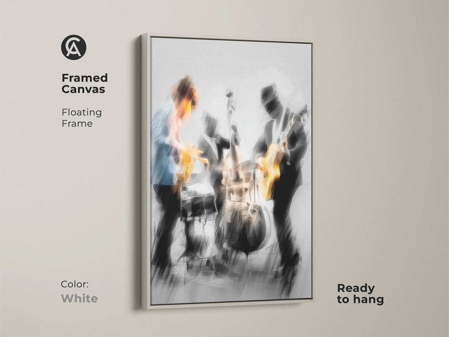 Framed canvas print of a jazz band in concert. The frame is white and the canvas has a floating frame effect. The musicians include a saxophonist guitarist and drummer. The artwork comes ready to hang. This canvas art will complement any room.