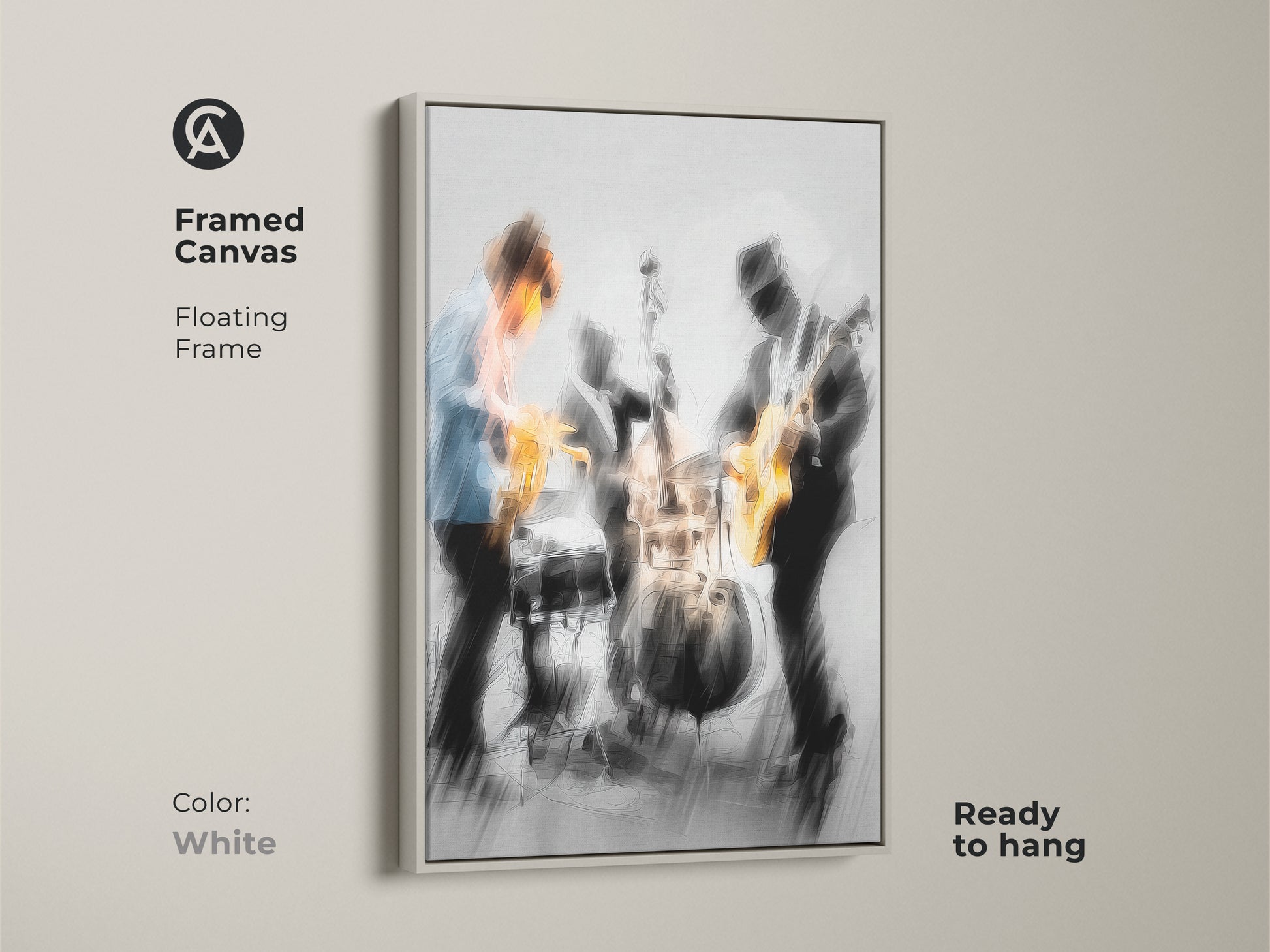 Framed canvas print of a jazz band in concert. The frame is white and the canvas has a floating frame effect. The musicians include a saxophonist guitarist and drummer. The artwork comes ready to hang. This canvas art will complement any room.