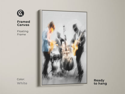 Framed canvas print of a jazz band in concert. The frame is white and the canvas has a floating frame effect. The musicians include a saxophonist guitarist and drummer. The artwork comes ready to hang. This canvas art will complement any room.