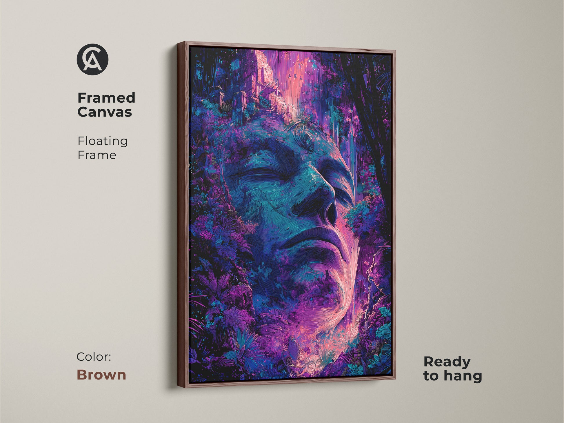 Framed canvas art featuring a tranquil face in a jungle setting. The artwork combines natural elements with surreal details. The brown floating frame enhances the art's visual appeal. Ready to hang. This framed art brings a calming vibe to any room.