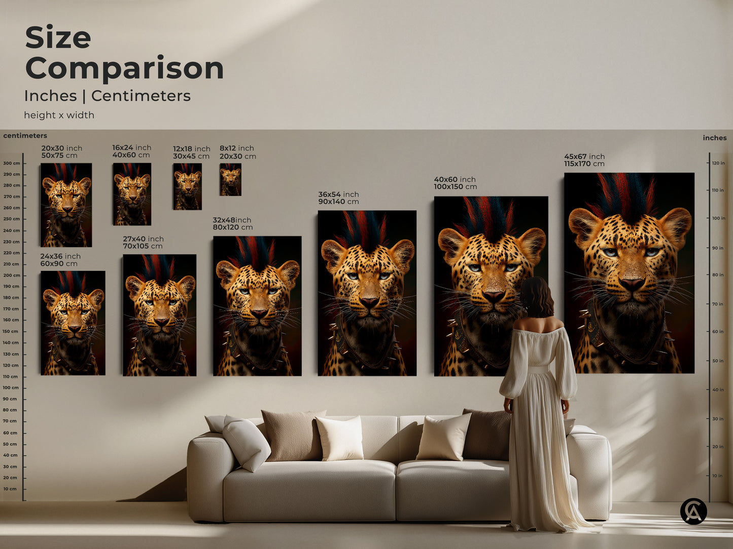 Size comparison showcasing the punk rock leopard art in different dimensions. This wildlife portrait canvas offers versatile options to suit any space. The artwork makes a statement in eclectic rooms. Choose the ideal scale for this animal lover gift and enhance your home or office decor.