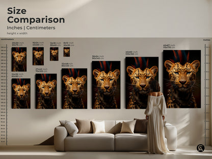 Size comparison showcasing the punk rock leopard art in different dimensions. This wildlife portrait canvas offers versatile options to suit any space. The artwork makes a statement in eclectic rooms. Choose the ideal scale for this animal lover gift and enhance your home or office decor.