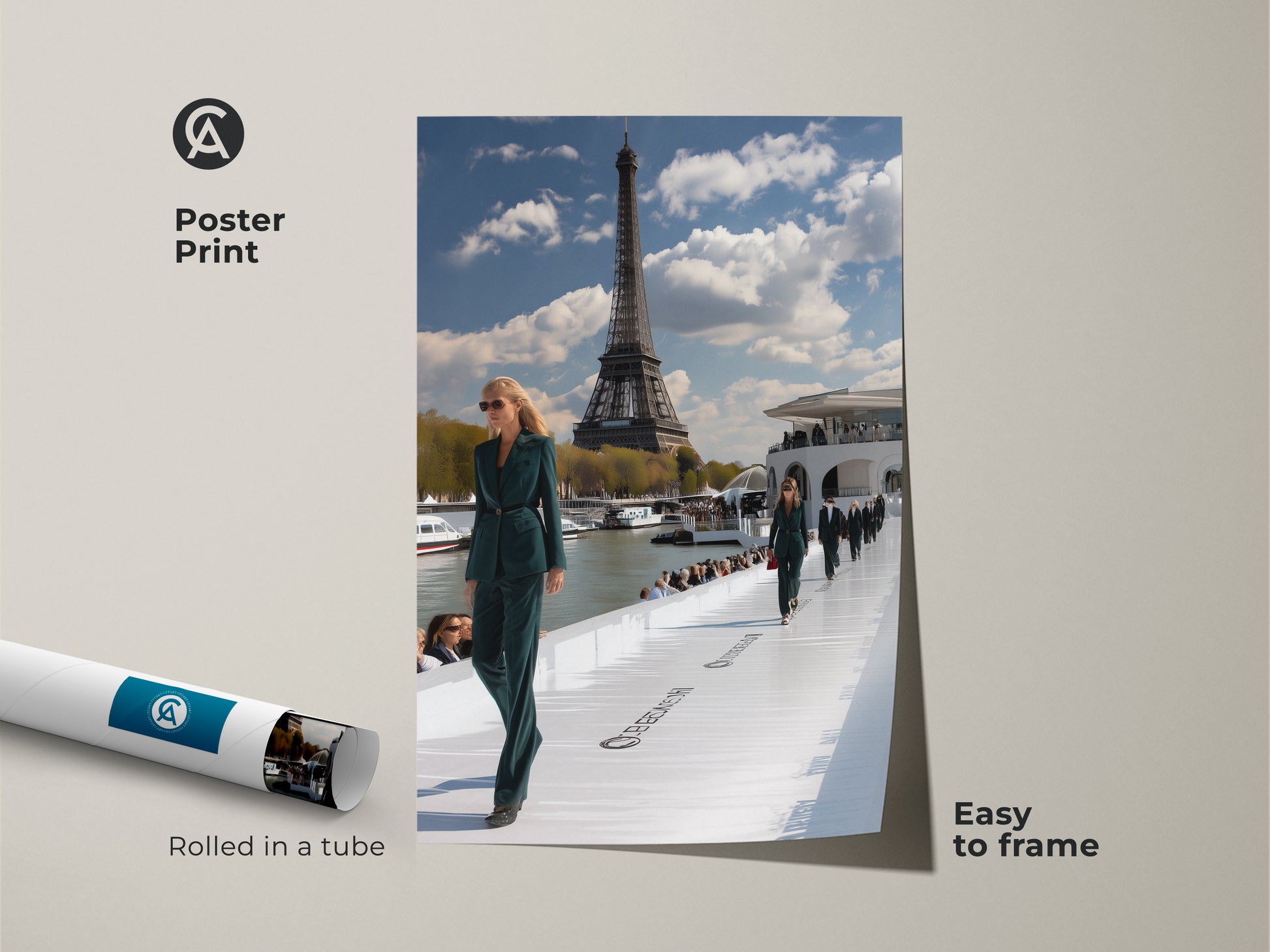 Poster print of a Parisian runway fashion show. The Eiffel Tower provides a stunning backdrop. Models showcase teal green outfits in this contemporary artwork. Easy to frame this museum quality paper print brings Parisian chic to any space. Perfect for fashion enthusiasts and travel lovers.