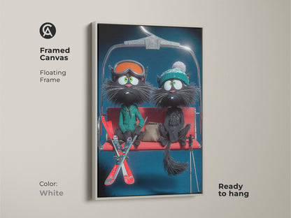 A framed canvas art print features two cartoon black cats on a ski lift. The canvas has a white floating frame. This funny cat winter art is perfect for an eclectic space. This whimsical animal wall art makes a delightful gift for cat and ski enthusiasts. It's ready to hang.