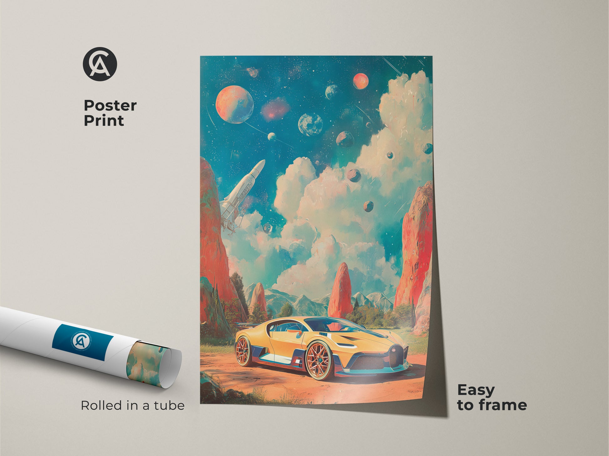 This framed canvas showcases retro futurism with a yellow sports car and rocket ship. The black floating frame enhances its surreal space landscape. The sci-fi automotive art is ready to hang. It's perfect for eclectic art lovers and car enthusiasts.