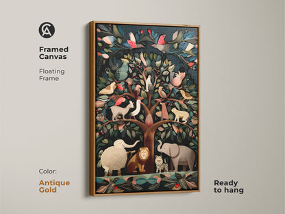 Antique gold framed canvas art of a Folk Art Tree of Life with exotic birds and animals. The deep teal brown and emerald green nature artwork is ready to hang. This cozy home decor accent is perfect for art and nature enthusiasts.