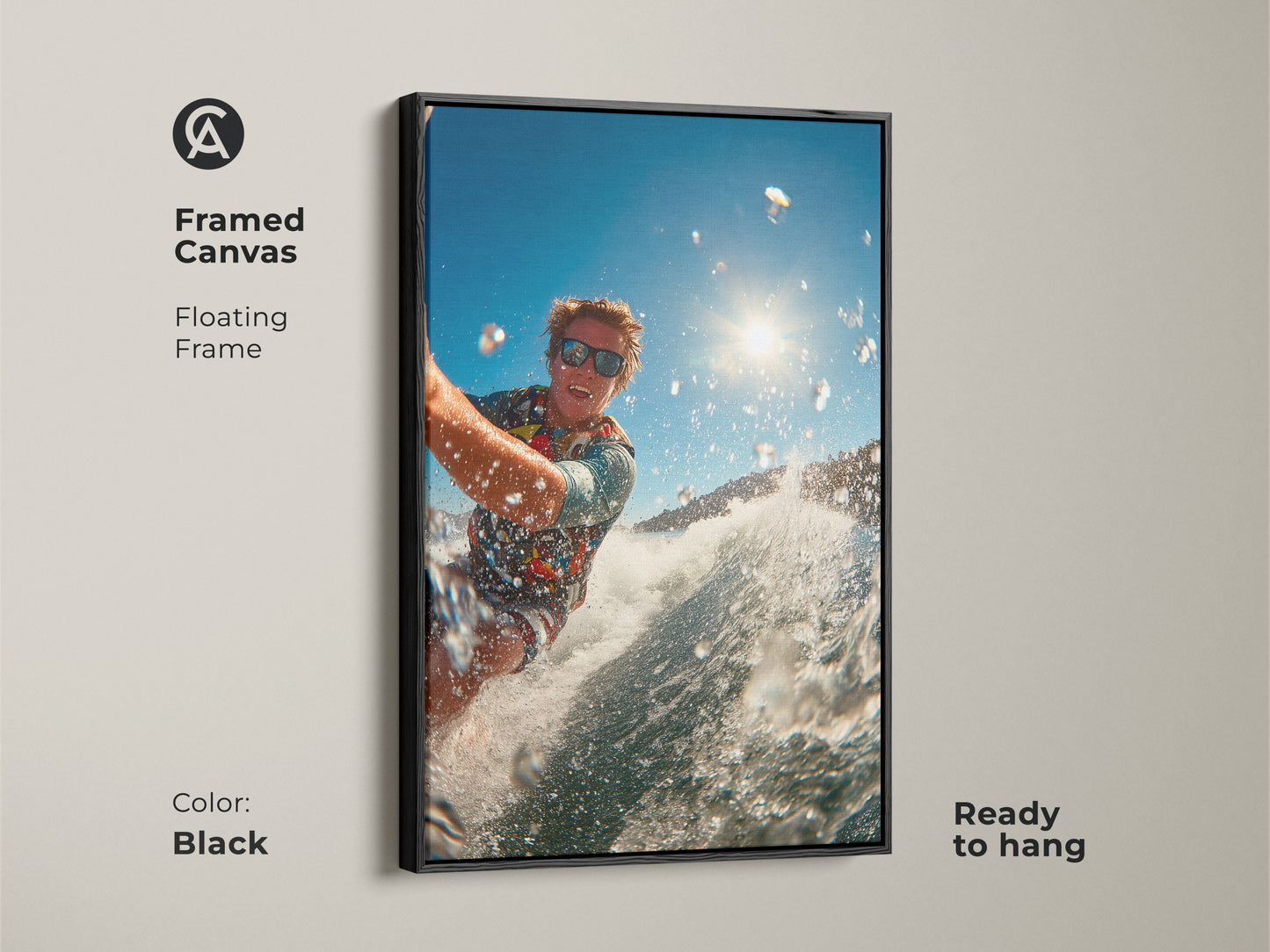 Framed canvas art shows a surfer riding a wave. The floating frame is black adding a sleek contrast. This ready-to-hang piece is a stylish addition. It's a great choice for modern homes wanting a touch of adventure.