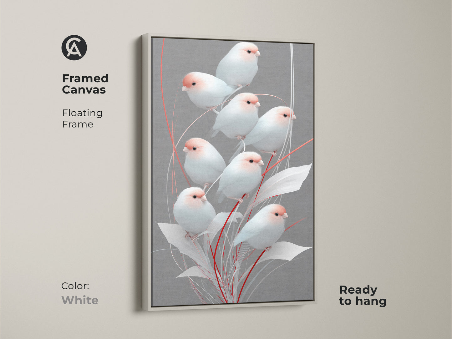 White framed canvas with minimalist finch artwork. Floating frame complements the gray and pink botanical print. This modern folk art decor is ready to hang. The Scandinavian bird artwork adds nature-inspired decor to any space. It makes a great housewarming gift for her. Perfect for peaceful bedroom art.