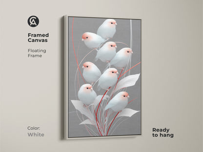White framed canvas with minimalist finch artwork. Floating frame complements the gray and pink botanical print. This modern folk art decor is ready to hang. The Scandinavian bird artwork adds nature-inspired decor to any space. It makes a great housewarming gift for her. Perfect for peaceful bedroom art.