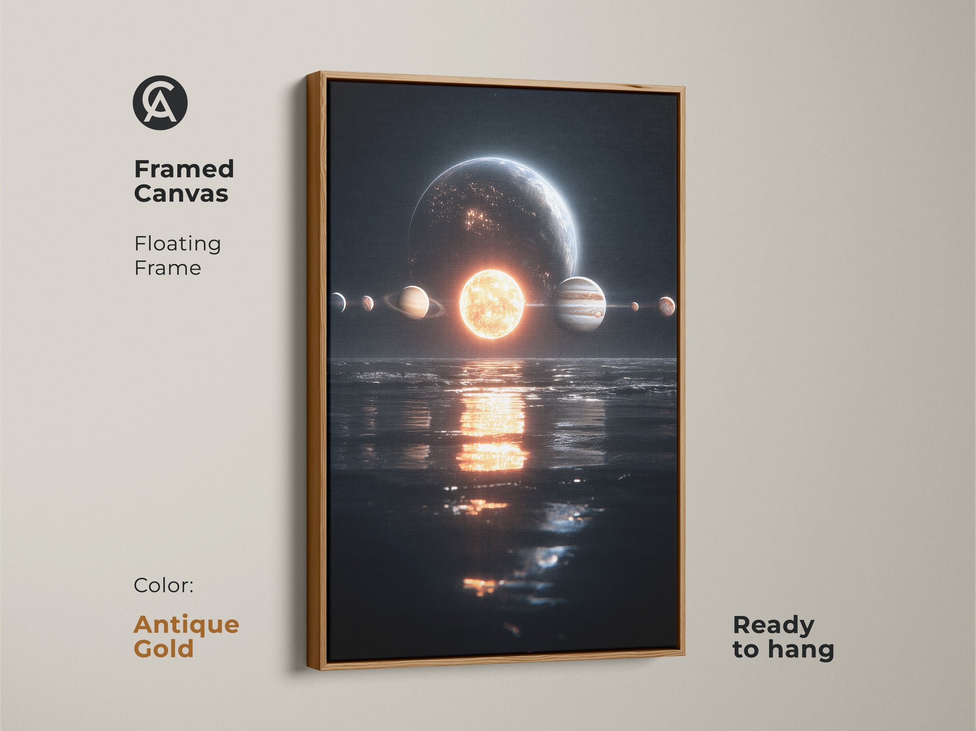 Framed canvas art print of planets in space above water. The floating frame has an antique gold finish. This ready to hang piece adds elegance. This makes a great gift for art and space lovers.