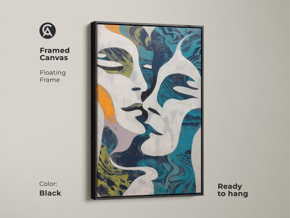 Modern and contemporary abstract figurative art. This intertwined figures canvas features a teal orange navy color. It's a bold color wall art that makes a statement. Ideal for eclectic home decor and art lovers. A great housewarming gift.