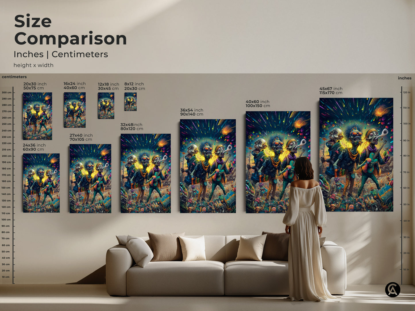 Size comparison of zombie band art prints. This art is available in multiple sizes. See how the artwork looks in different dimensions. Ranging from small to large formats ideal for any room. Perfect for canvas and poster art.