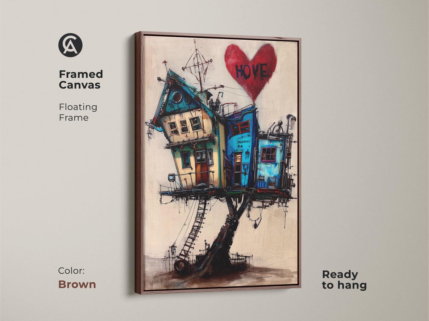 Framed canvas of whimsical art shows a surreal house on stilts. Red heart with HOVE adds charm to this eclectic home decor artwork. Antique gold frame enhances the teal and blue art. Ready to hang in any modern art lover's home.