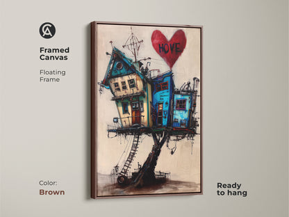 Framed canvas of whimsical art shows a surreal house on stilts. Red heart with HOVE adds charm to this eclectic home decor artwork. Antique gold frame enhances the teal and blue art. Ready to hang in any modern art lover's home.