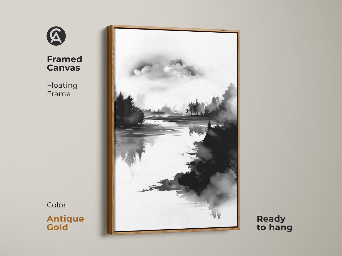 Framed canvas with an antique gold floating frame showcasing abstract forest art. The black and white nature print offers a minimalist aesthetic. Ready to hang this ink wash landscape art is perfect as modern home decor. This canvas print adds a serene touch to any room.
