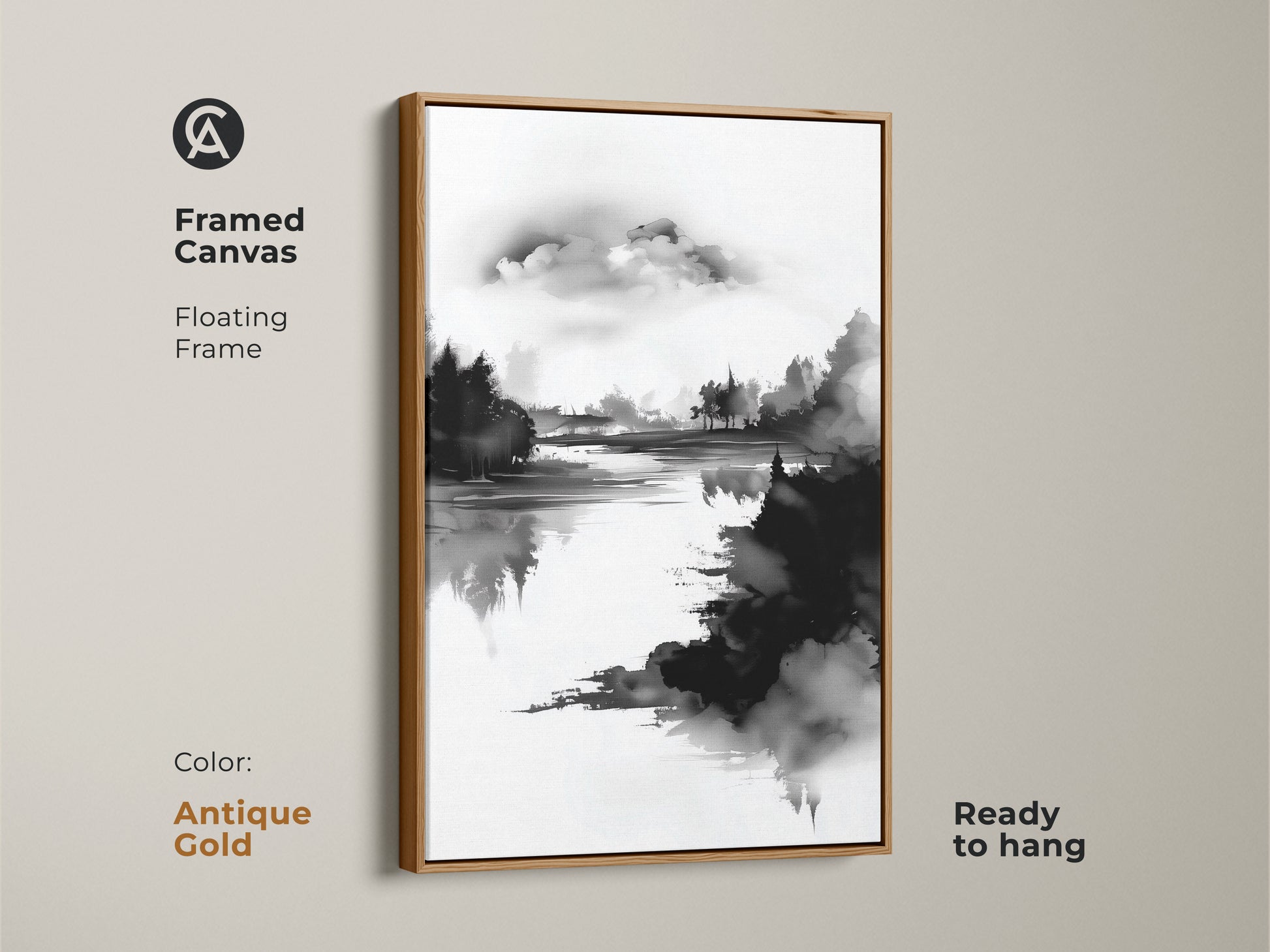 Framed canvas with an antique gold floating frame showcasing abstract forest art. The black and white nature print offers a minimalist aesthetic. Ready to hang this ink wash landscape art is perfect as modern home decor. This canvas print adds a serene touch to any room.