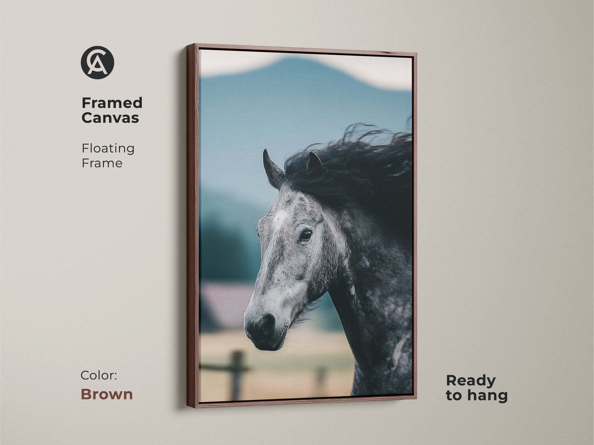 This framed canvas features a brown floating frame around a monochrome horse art. Ready to hang this equestrian wall decor is perfect for horse lovers. The rustic horse painting is a unique gift.