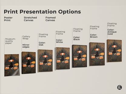 Explore print presentation options for our black and gold witch art. Choose from poster stretched or framed canvas. Each offers a unique way to showcase this Halloween kids room wall art. Find the perfect style to match your decor. Available in oak white black brown and antique gold frames